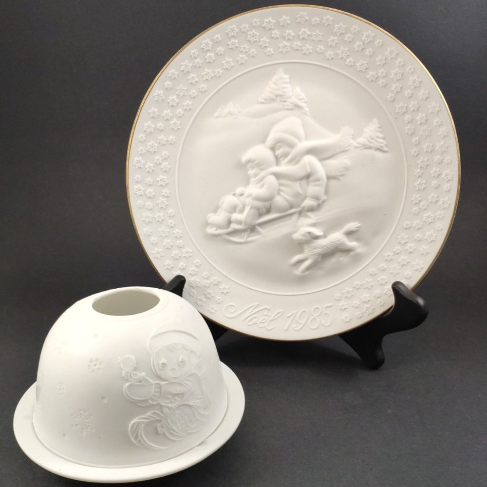 Set of Bisque Porcelain Snowy Christmas Children Decorations